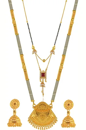 Brandsoon Set Of 2 Gold-Plated White & Red Stone-Studded & Black Beaded Mangalsutra With Earrings