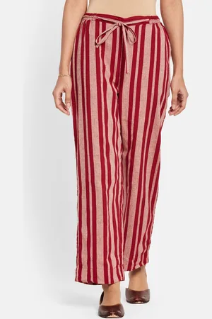 Fabindia Women Red & Beige Striped Cotton Casual Trousers