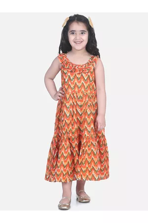 BownBee Girls Orange Printed Fit and Flare Dress