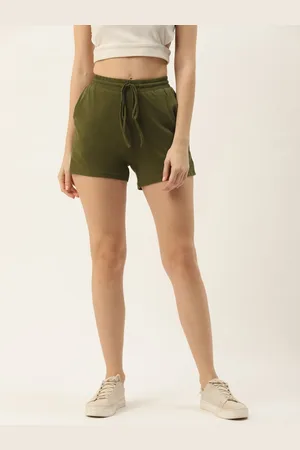 BRINN Women Olive Green Solid Mid Waist Above Knee Regular Shorts