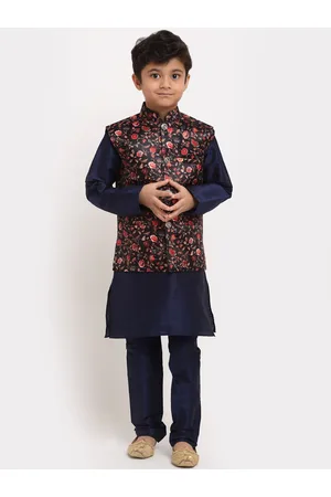 Kraft Boys Navy Blue Floral Printed Dupion Silk Kurta with Pyjamas & Nehru Jacket
