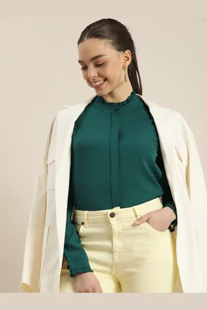 Invictus Women Dark Green Solid Frills Detail Casual Shirt