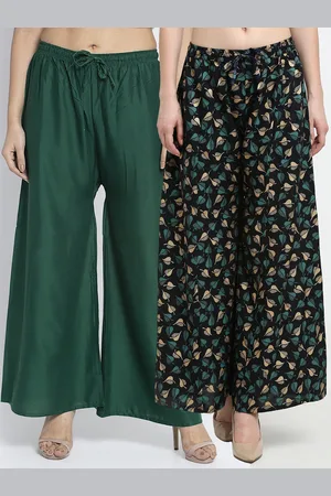 Jinfo Women Green & Black Set Of 2 Floral Printed Flared Knitted Ethnic Palazzos