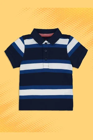 Mothercare Boys Navy Blue & White Striped Polo Collar Pure Cotton T-shirt