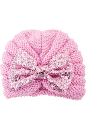Baby Moo Girls Pink Self Design Woollen Beanie