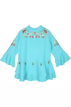 Ishin Blue & Red Floral Embroidered Peplum Top