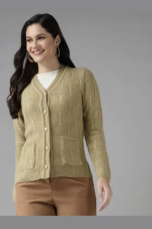 Cayman Women Beige Woollen Self Design Cardigan