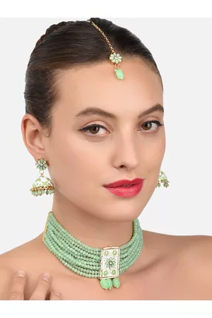 Zaveri Pearls Gold-Plated & Pastel Green Meenakari Crystal Beads Jewellery Set