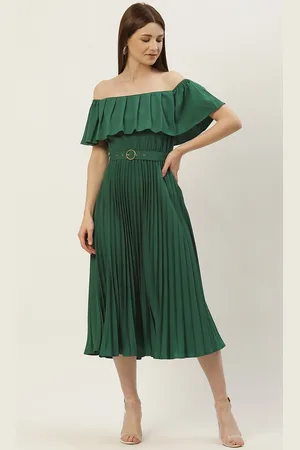 Slenor Women Green Off-Shoulder Pleated A-Line Midi Dress