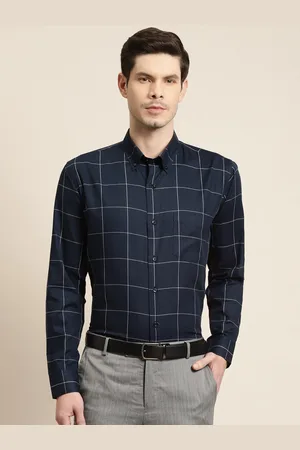 HANCOCK Men Navy Blue & White Slim Fit Windowpane Checks Pure Cotton Formal Shirt