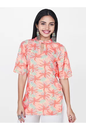 Global Desi Women Pink & Teal Blue Tropical Print Top