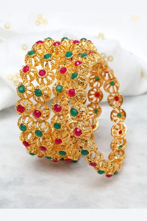 Shining Diva Set of 4 Gold-Plated Green & Red Stone-Studded Bangles
