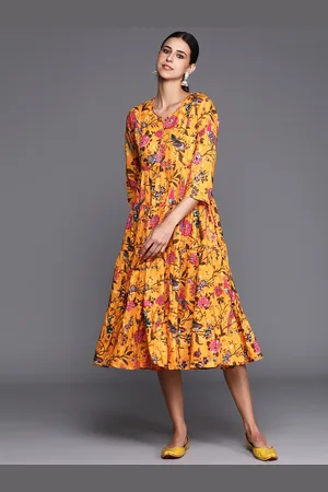 Biba Mustard Yellow & Pink Pure Cotton Floral Print Tiered A-Line Dress