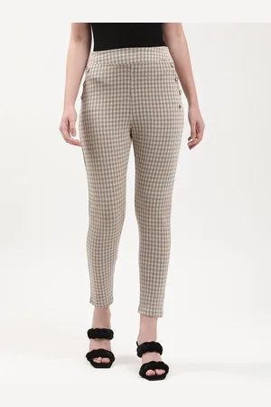 Elle Women Beige Printed Checked Slim-Fit Jeggings