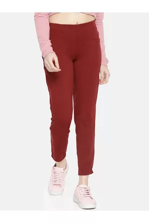 Dollar Missy Women Maroon Smart Straight Fit Solid Cigarette Trousers