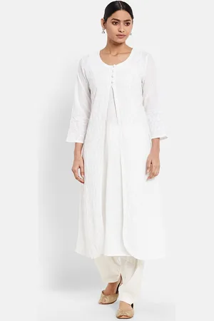 Fabindia Women Off White Thread Work Cotton Kurta With Shrug