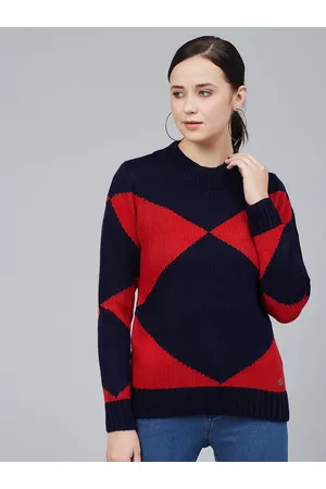 Cayman Women Navy Blue & Rust Red Colourblocked Acrylic Pullover Sweater