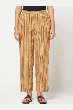 Fabindia Women Mustard Yellow Striped Trousers