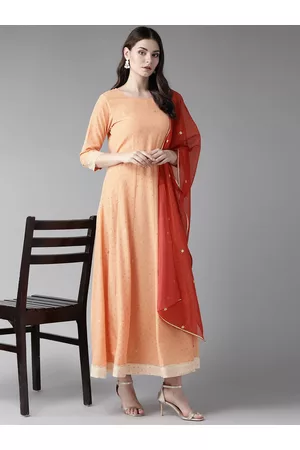 Ahalyaa Women Peach-Coloured & Rust Orange Printed Maxi Dress With Dupatta