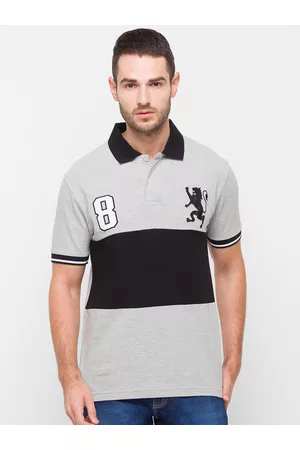 Giordano Men Grey & Black Colourblocked Polo Collar Slim Fit Cotton T-shirt