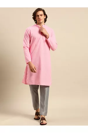 Anouk Men Ethnic Pyjamas - Men Pink Ethnic Motifs Embroidered Pure Cotton Kurta with Pyjamas