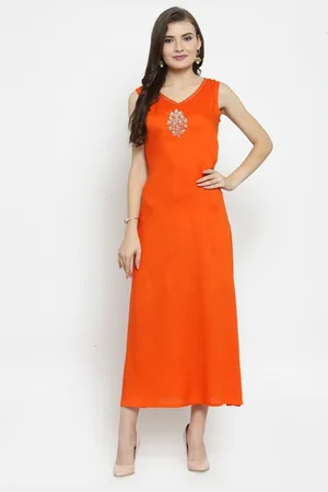 Jaipur Hand Embellished Orange Rayon Maxi Dress