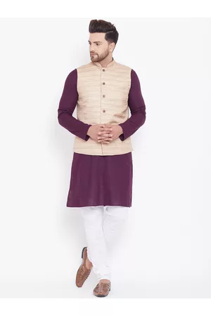 Vastramay Men Purple & White Solid Kurta with Pyjamas & Nehru Jacket