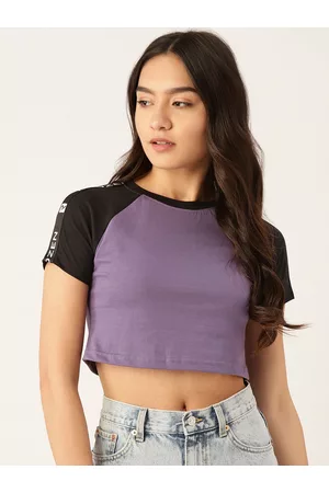 Rodzen Women Purple & Black Solid Pure Cotton Slim Fit Crop T-shirt