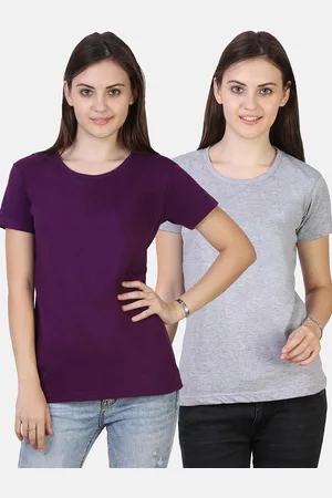 Fleximaa Women Purple & Grey Melange 2 Raw Edge T-shirt