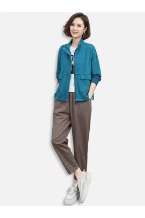 JC Collection Women Blue Longline Bomber with Embroidered Jacket