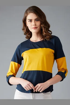DOLCE CRUDO Women Blue Colourblocked Round Neck Pure Cotton T-shirt