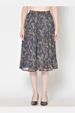 Cation Women Blue & Yellow Floral Printed Flared Skirt