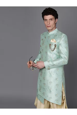 Manyavar Men Sea Green & Beige Floral Printed Sherwani and Patiala Set