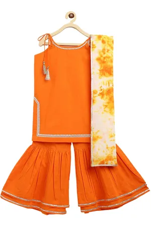 Tiber Taber Girls Orange Pure Cotton Kurti with Sharara & With Dupatta