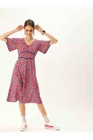 Antheaa Women Red & Blue Dobby Printed Skater Fit and Flare Dress