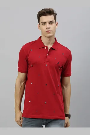 Nautica Men Red Conversational Print Polo Collar Pure Cotton Slim Fit T-shirt