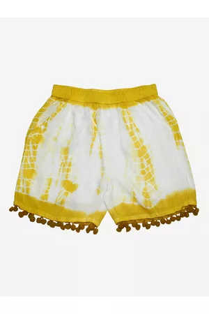 KiddoPanti Girls Yellow & White Lace Hem Tie & Dye Shorts
