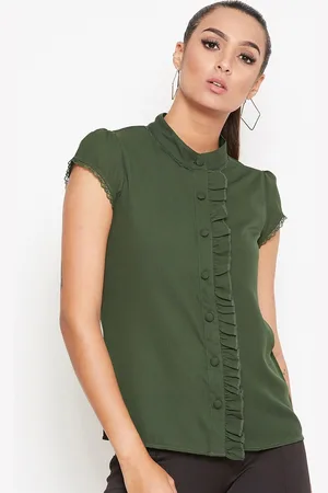 La Zoire Women Olive Green Frills Detailing Casual Shirt