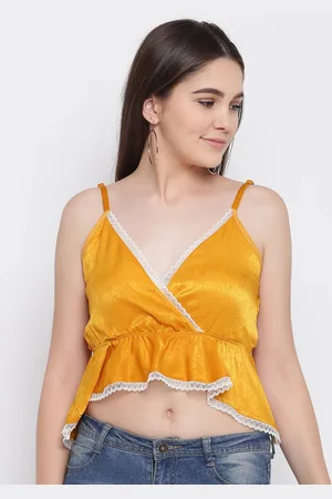 Erotissch Women Mustard Yellow Solid Crop Wrap Top With Satin Finish