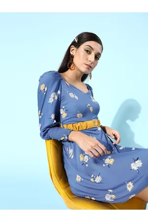 KASSUALLY Women Stunning Blue Floral Sweetheart Neck Dress