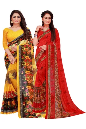 Florence Yellow & Red Floral Printed Pure Georgette Saree Pack Of 2