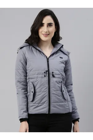 Campus Women Grey Windcheater Hooded Padded Jacket