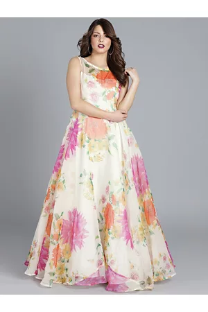 Ethnovog Off-White Printed Boat Neck Custom Designed Made to Measure Cocktail Gown