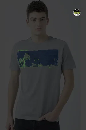 Huetrap Men Grey Melange Printed Glow in the Dark T-shirt