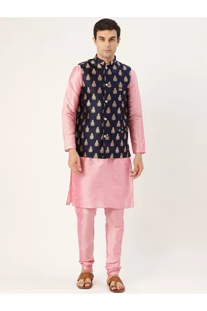 SOJANYA Men Pink & Navy Blue Solid Kurta & Churidar with Woven Design Nehru Jacket