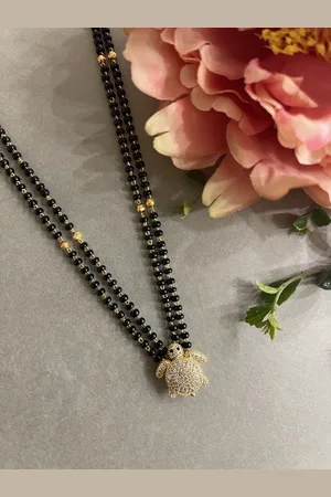 Digital Dress Room Gold-Plated & White AD-Studded Black Beaded Mangalsutra Set