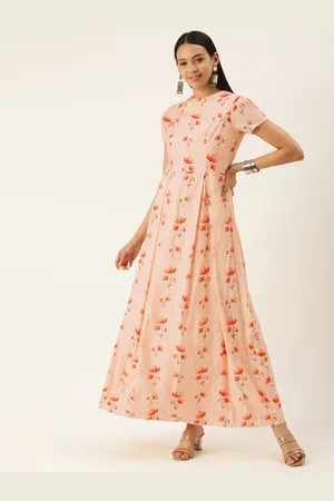 Ethnovog Peach-Coloured Red Floral Print Satin Made To Measure Maxi Dress