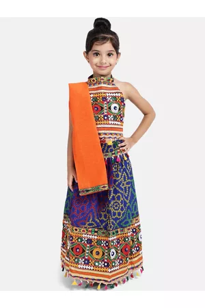 BownBee Girls Blue & Orange Embroidered Ready to Wear Lehenga & Blouse with Dupatta