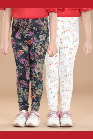StyleStone Girls Pack of 2 Black & White Cotton Floral Printed Jeggings