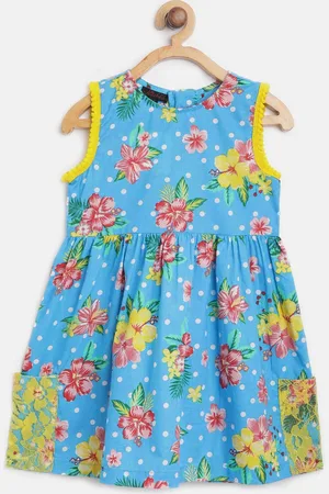 pspeaches Girls Blue & Pink Printed A-Line Dress